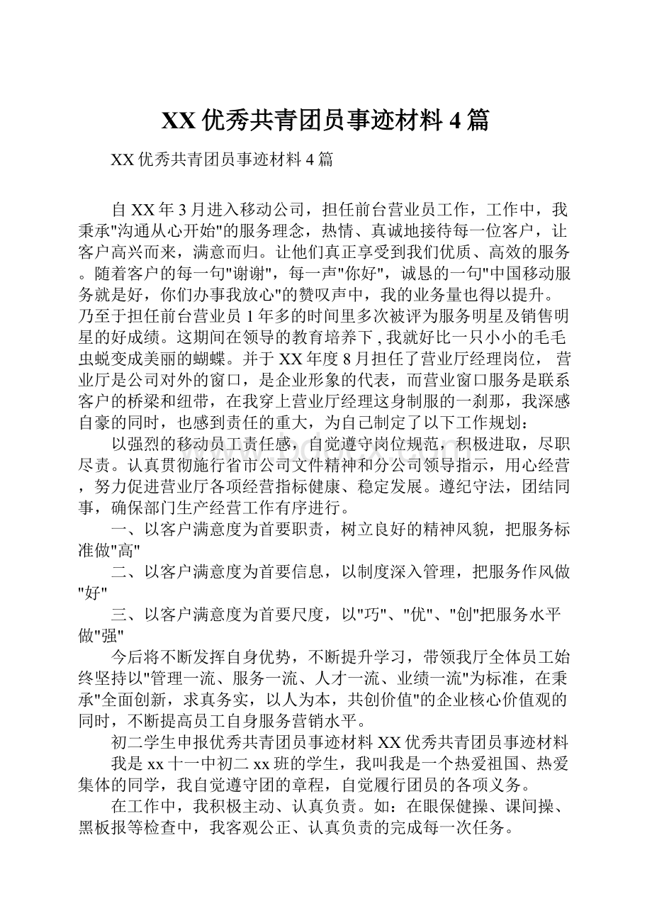 XX优秀共青团员事迹材料4篇.docx_第1页