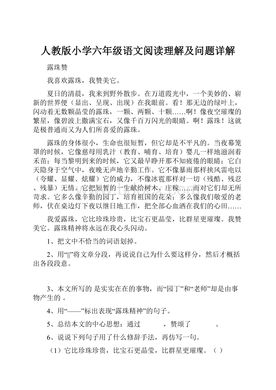 人教版小学六年级语文阅读理解及问题详解.docx_第1页