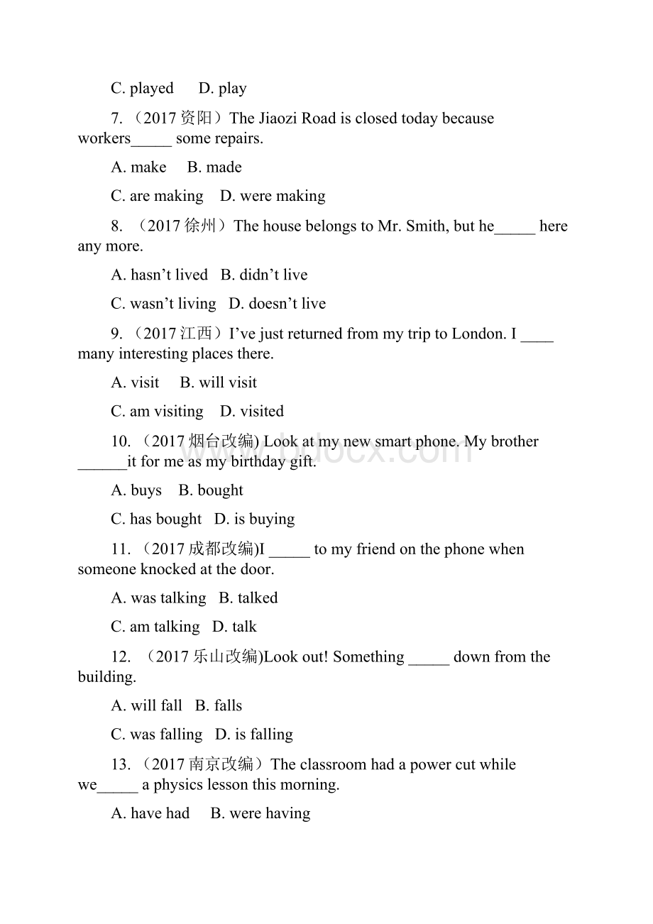 课标版云南省中考英语总复习 第二部分 语法专题突破 专题十一 动词的时态试题.docx_第2页