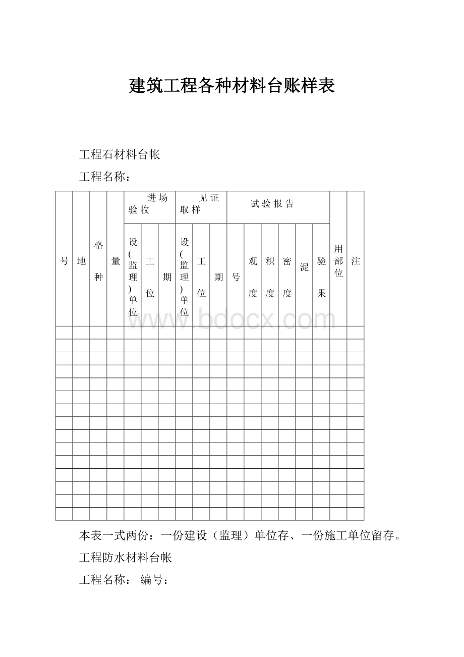 建筑工程各种材料台账样表.docx_第1页