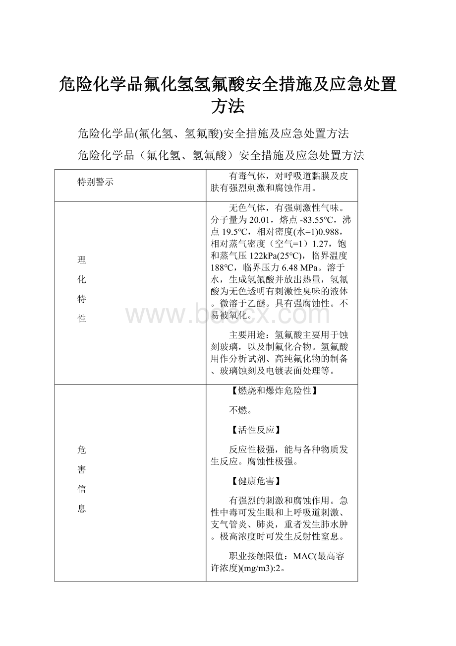 危险化学品氟化氢氢氟酸安全措施及应急处置方法.docx_第1页