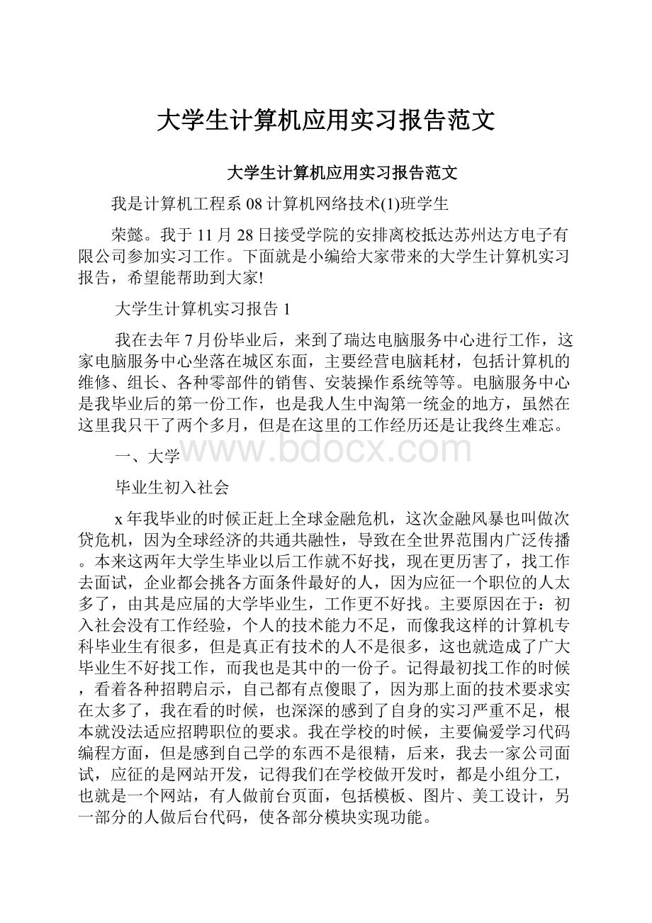 大学生计算机应用实习报告范文.docx