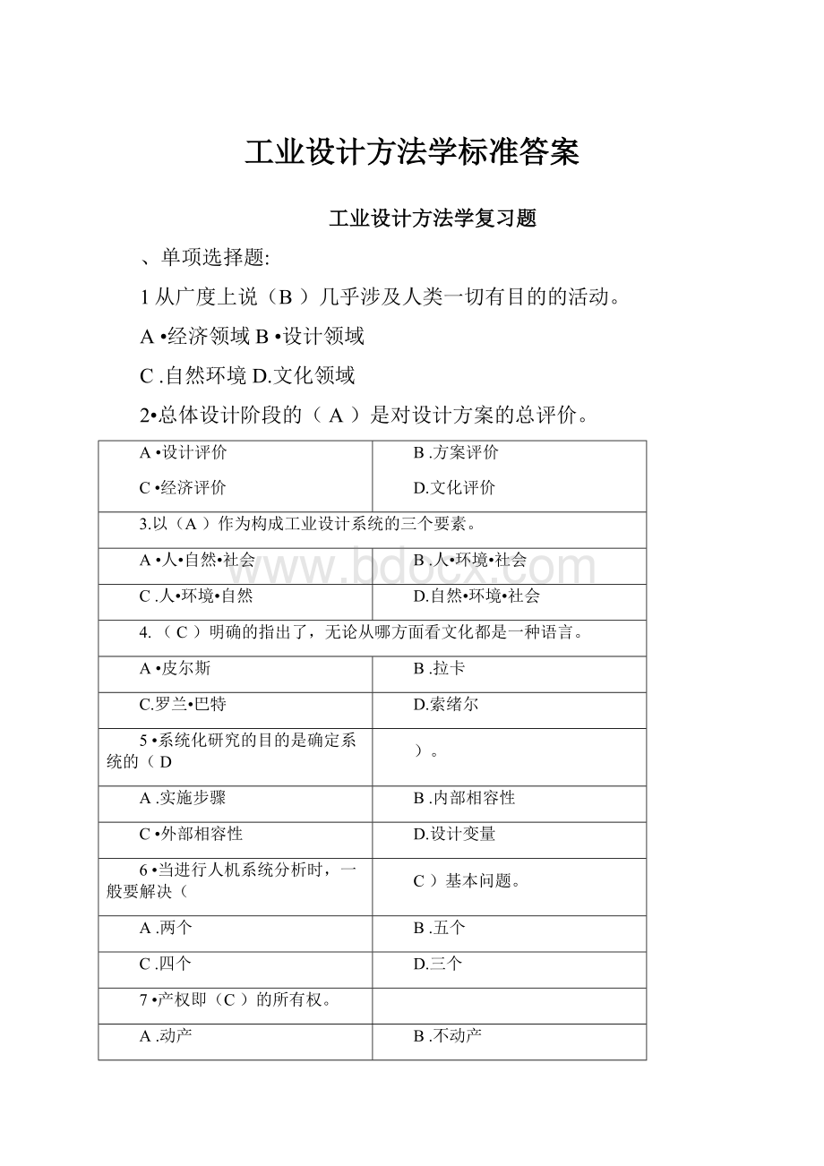 工业设计方法学标准答案.docx_第1页