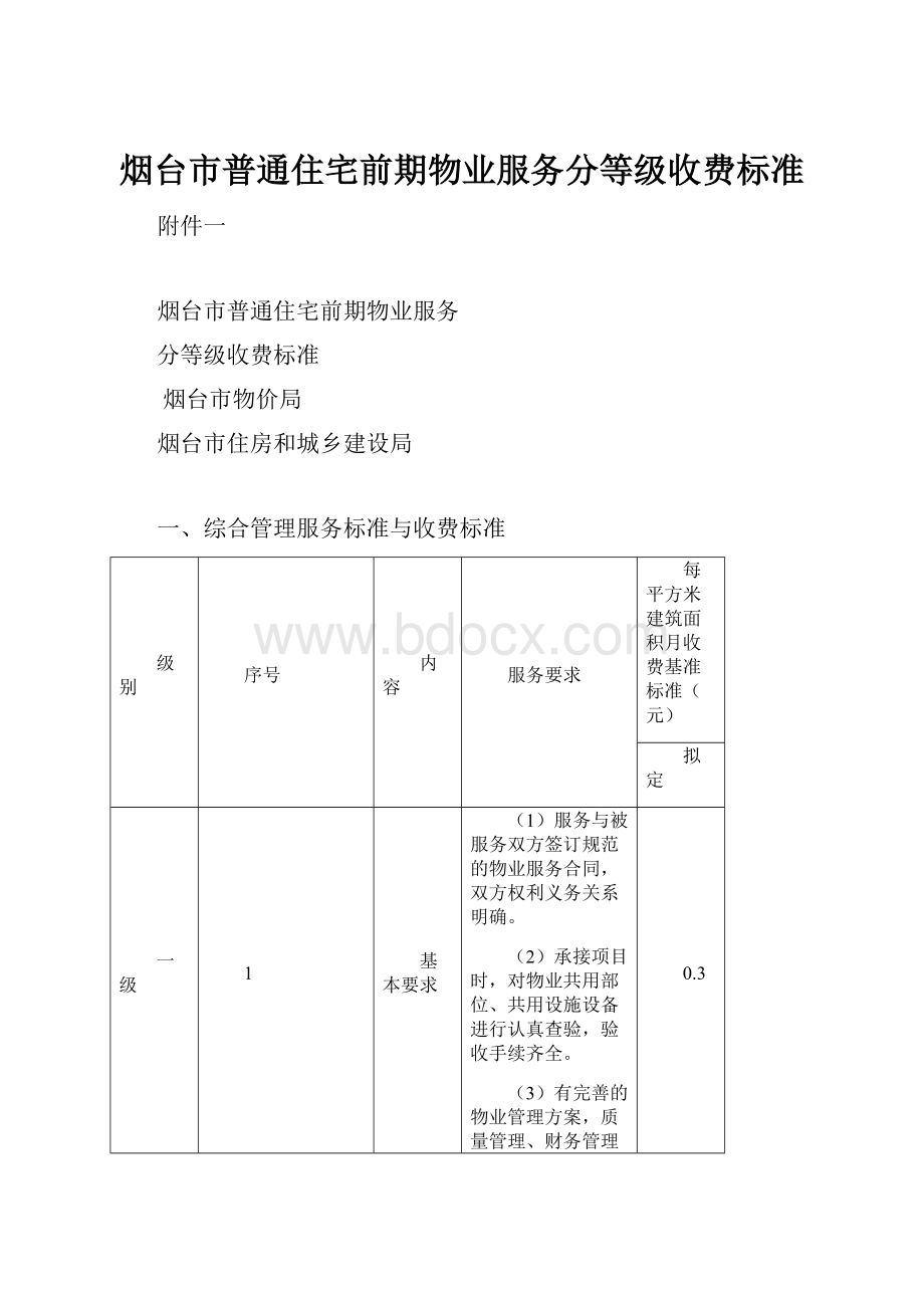 烟台市普通住宅前期物业服务分等级收费标准.docx_第1页