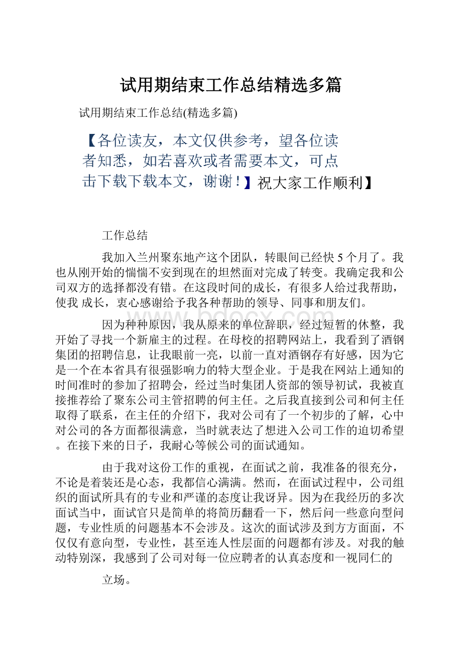 试用期结束工作总结精选多篇.docx_第1页