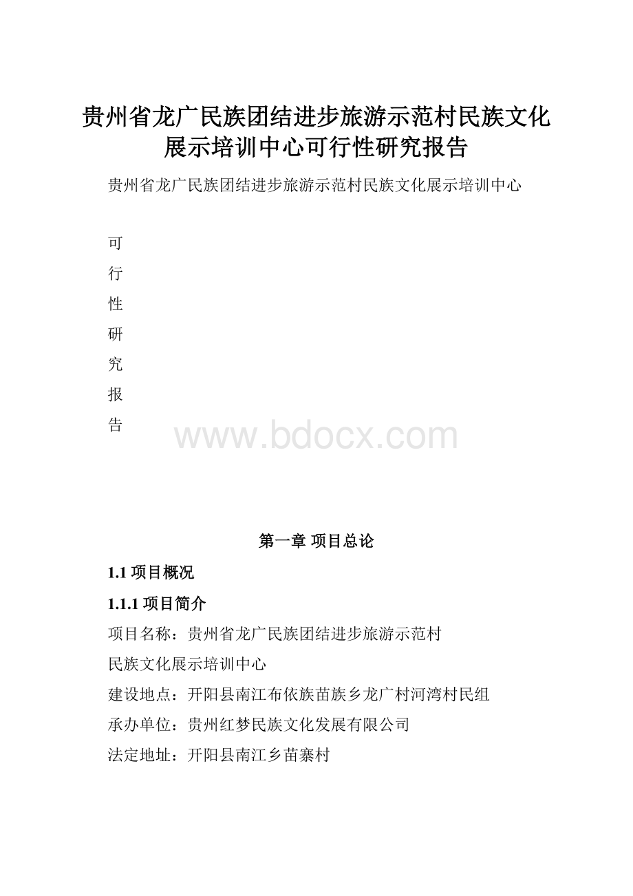 贵州省龙广民族团结进步旅游示范村民族文化展示培训中心可行性研究报告.docx_第1页