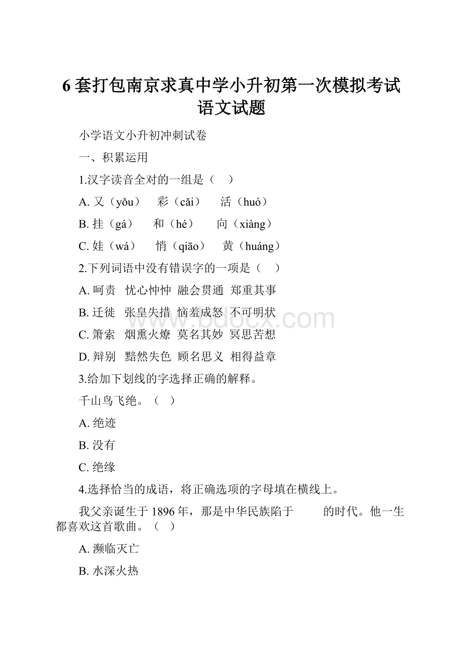 6套打包南京求真中学小升初第一次模拟考试语文试题.docx