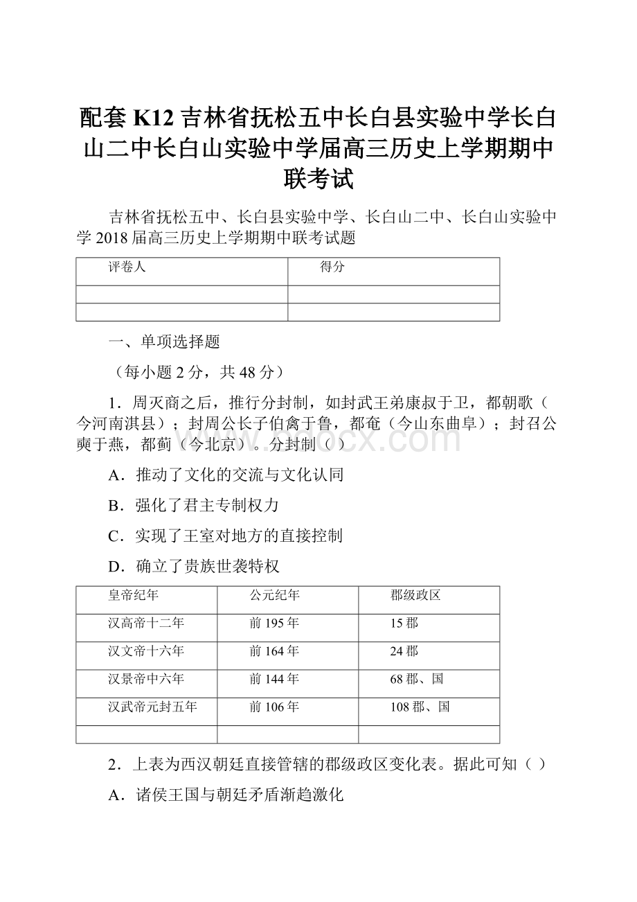 配套K12吉林省抚松五中长白县实验中学长白山二中长白山实验中学届高三历史上学期期中联考试.docx