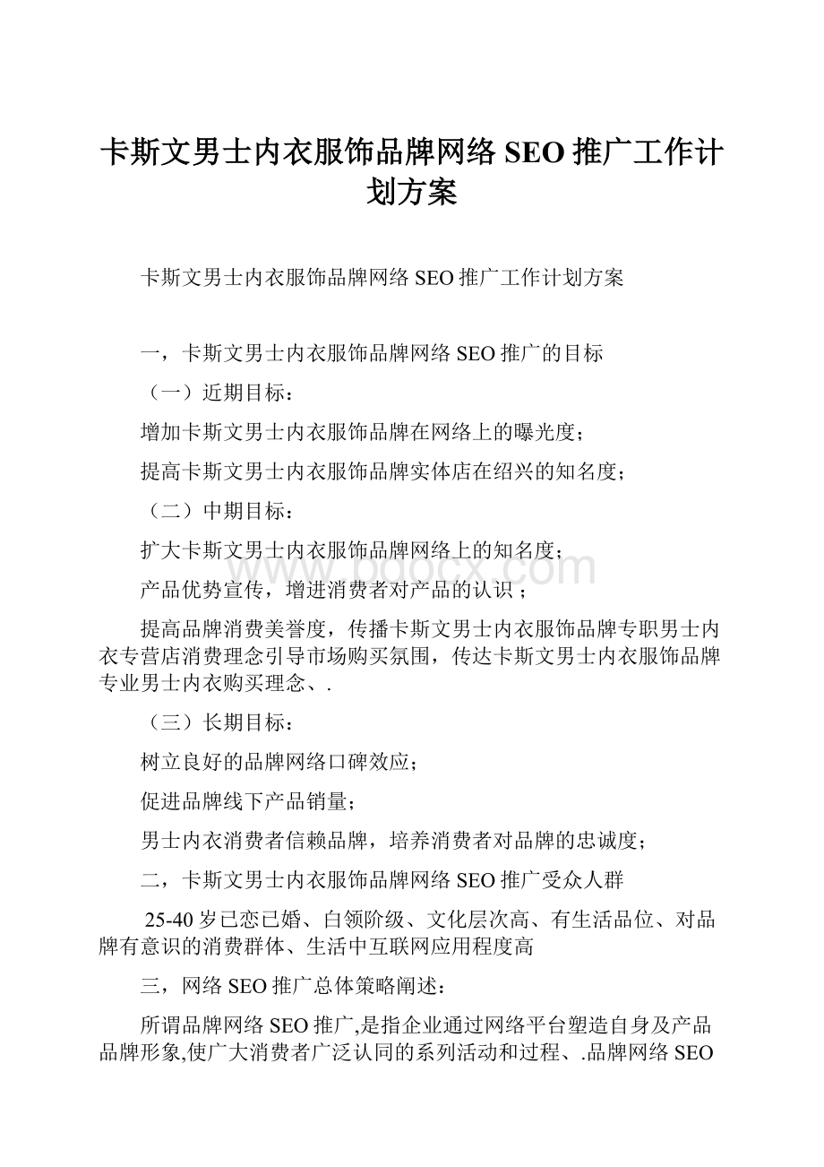 卡斯文男士内衣服饰品牌网络SEO推广工作计划方案.docx_第1页