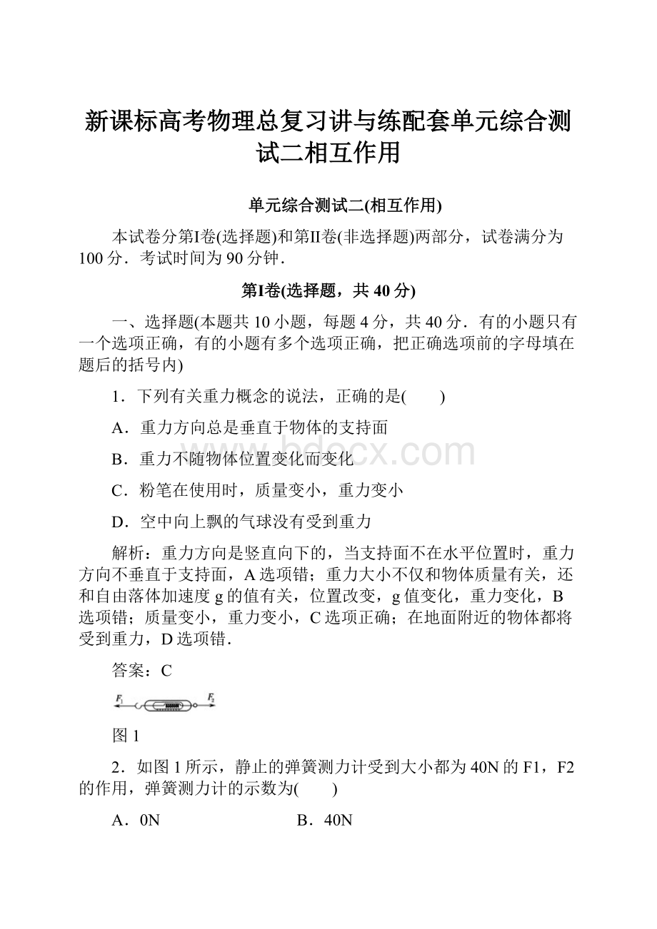 新课标高考物理总复习讲与练配套单元综合测试二相互作用.docx_第1页