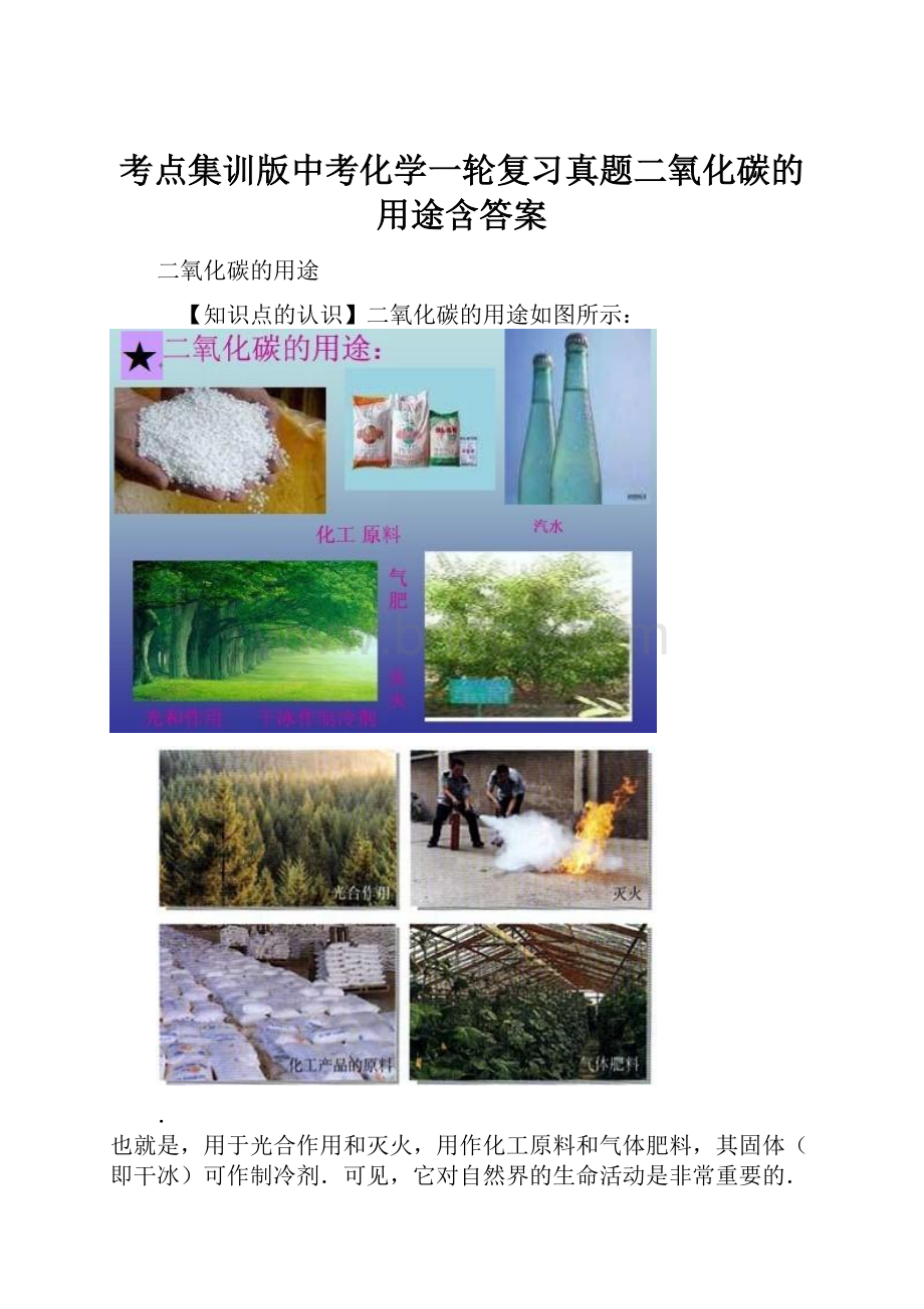 考点集训版中考化学一轮复习真题二氧化碳的用途含答案.docx