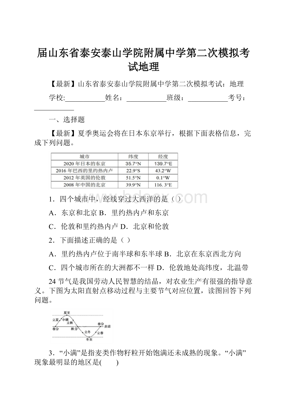 届山东省泰安泰山学院附属中学第二次模拟考试地理.docx