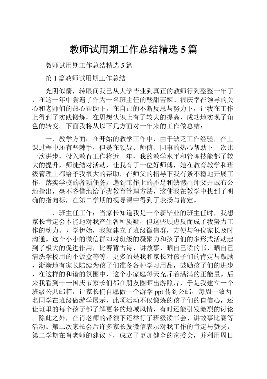 教师试用期工作总结精选5篇.docx_第1页