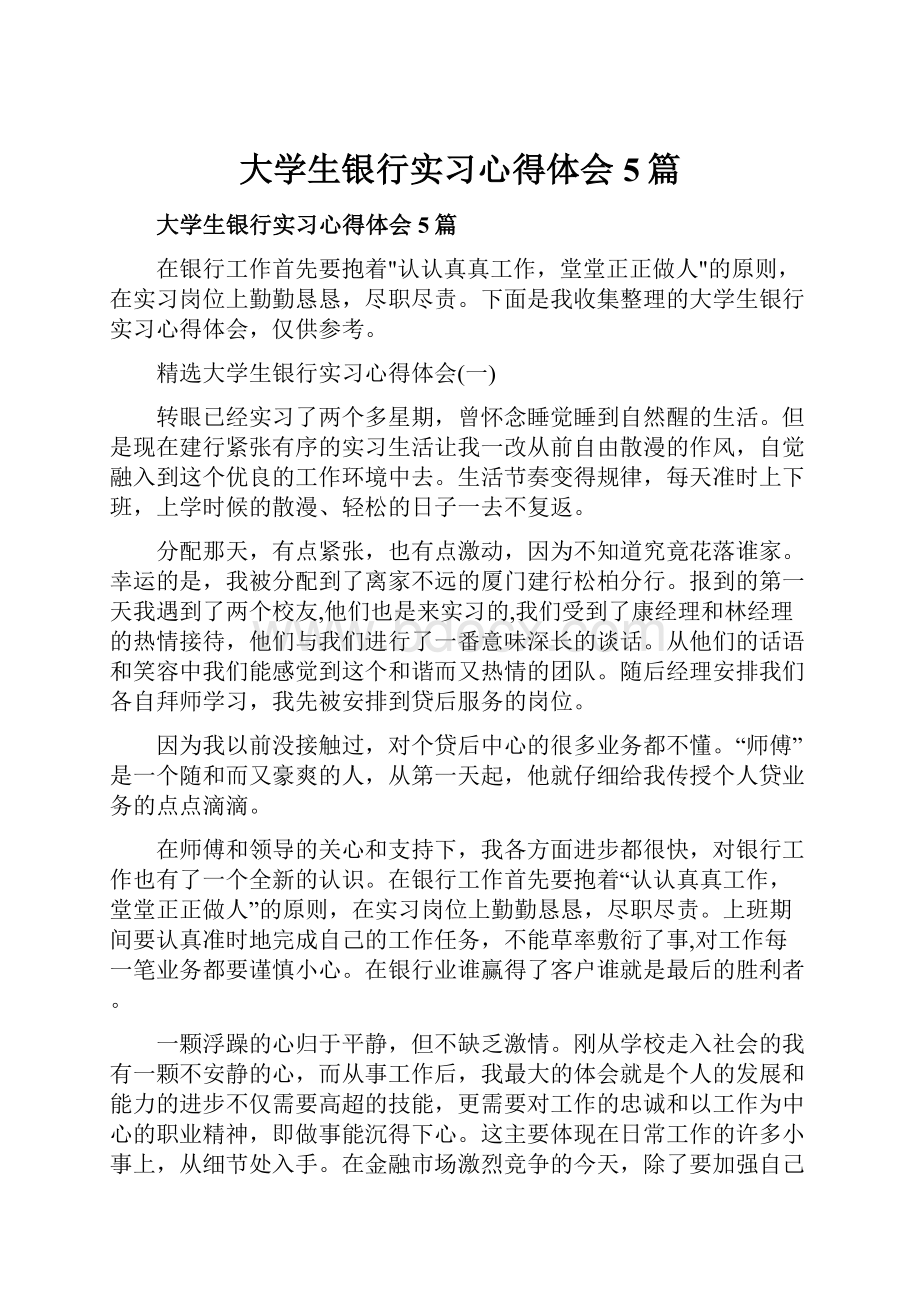 大学生银行实习心得体会5篇.docx