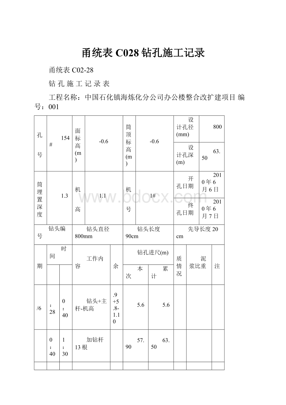 甬统表C028钻孔施工记录.docx