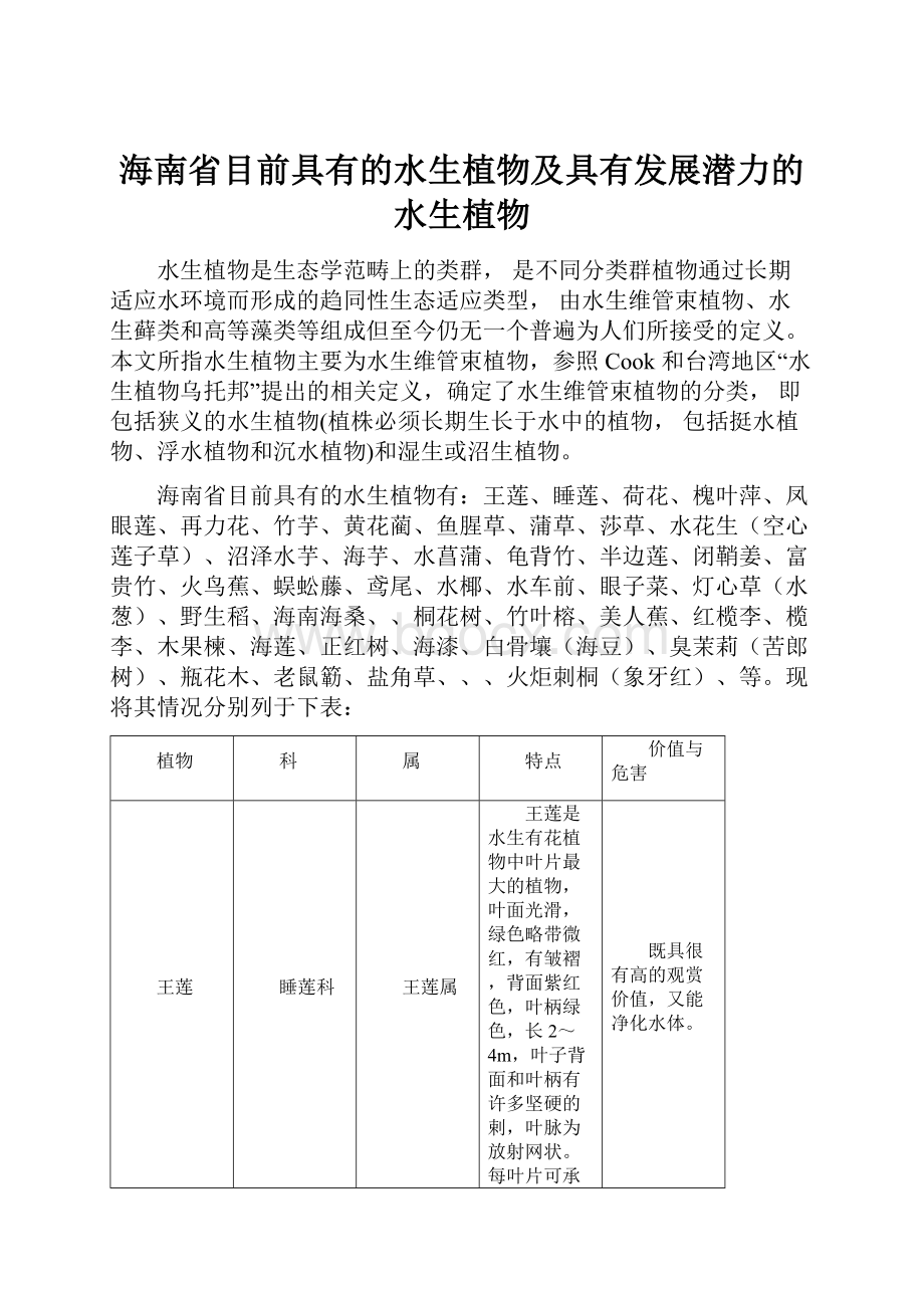 海南省目前具有的水生植物及具有发展潜力的水生植物.docx