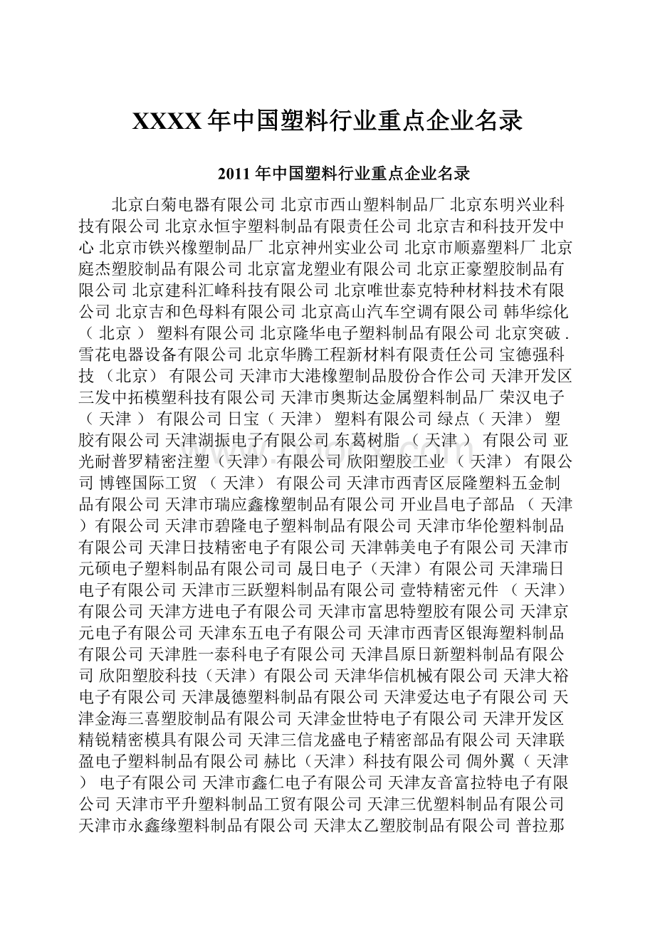 XXXX年中国塑料行业重点企业名录.docx_第1页