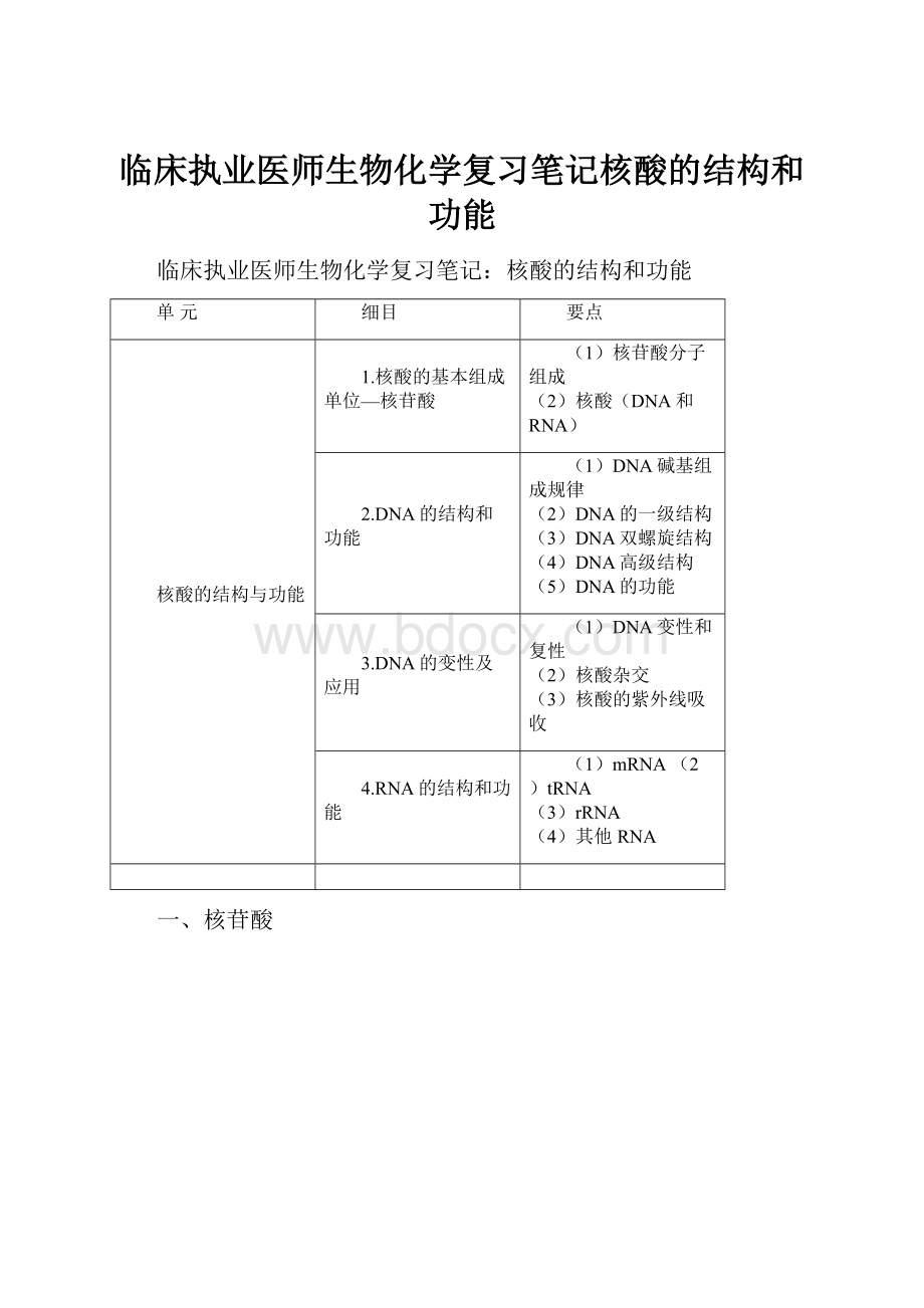 临床执业医师生物化学复习笔记核酸的结构和功能.docx