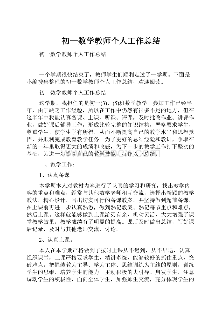 初一数学教师个人工作总结.docx