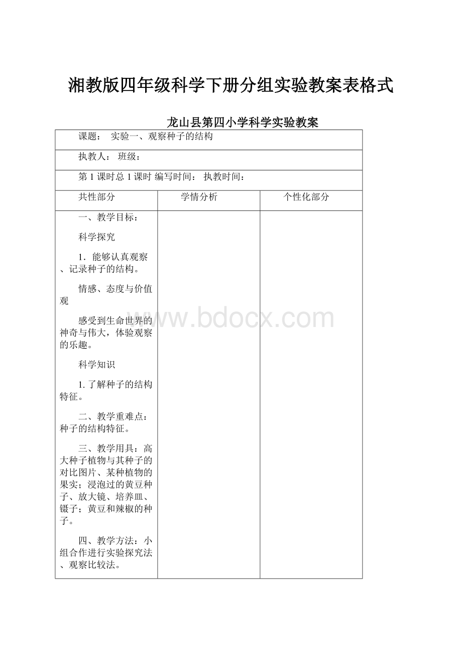 湘教版四年级科学下册分组实验教案表格式.docx