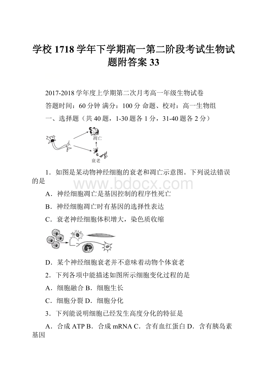 学校1718学年下学期高一第二阶段考试生物试题附答案 33.docx