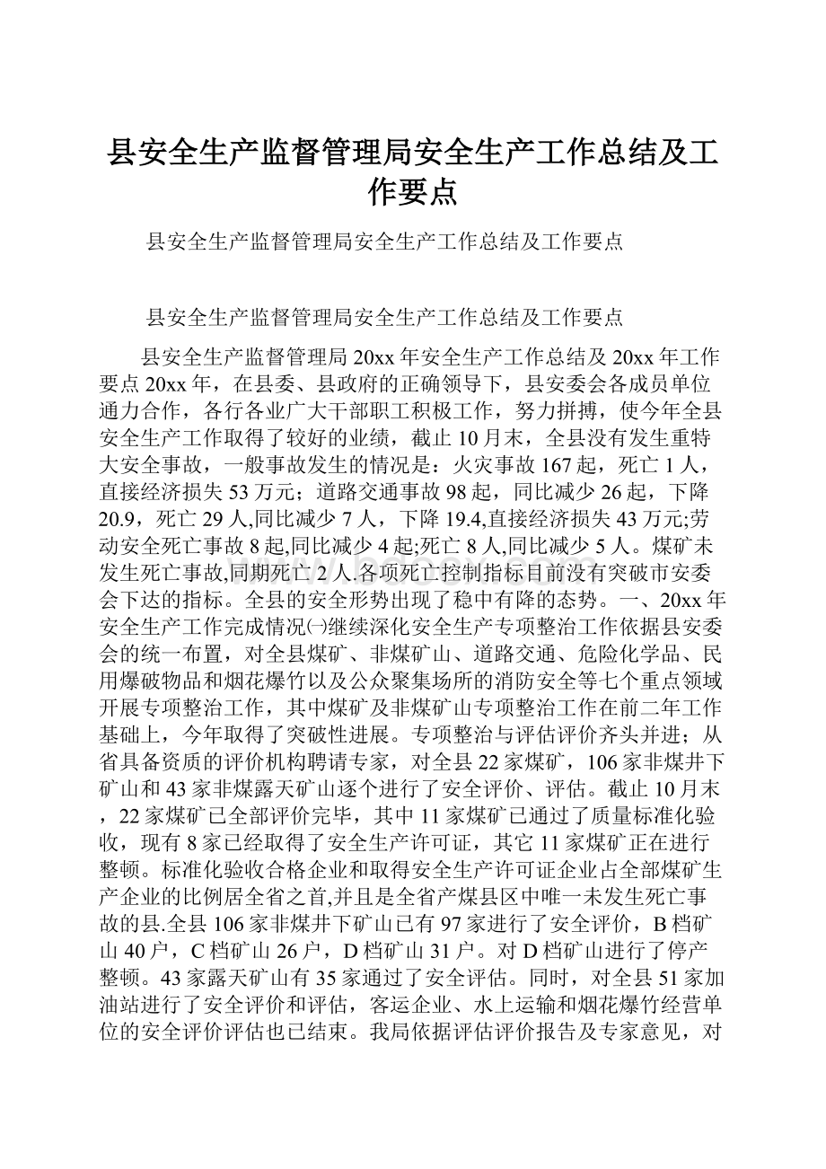 县安全生产监督管理局安全生产工作总结及工作要点.docx