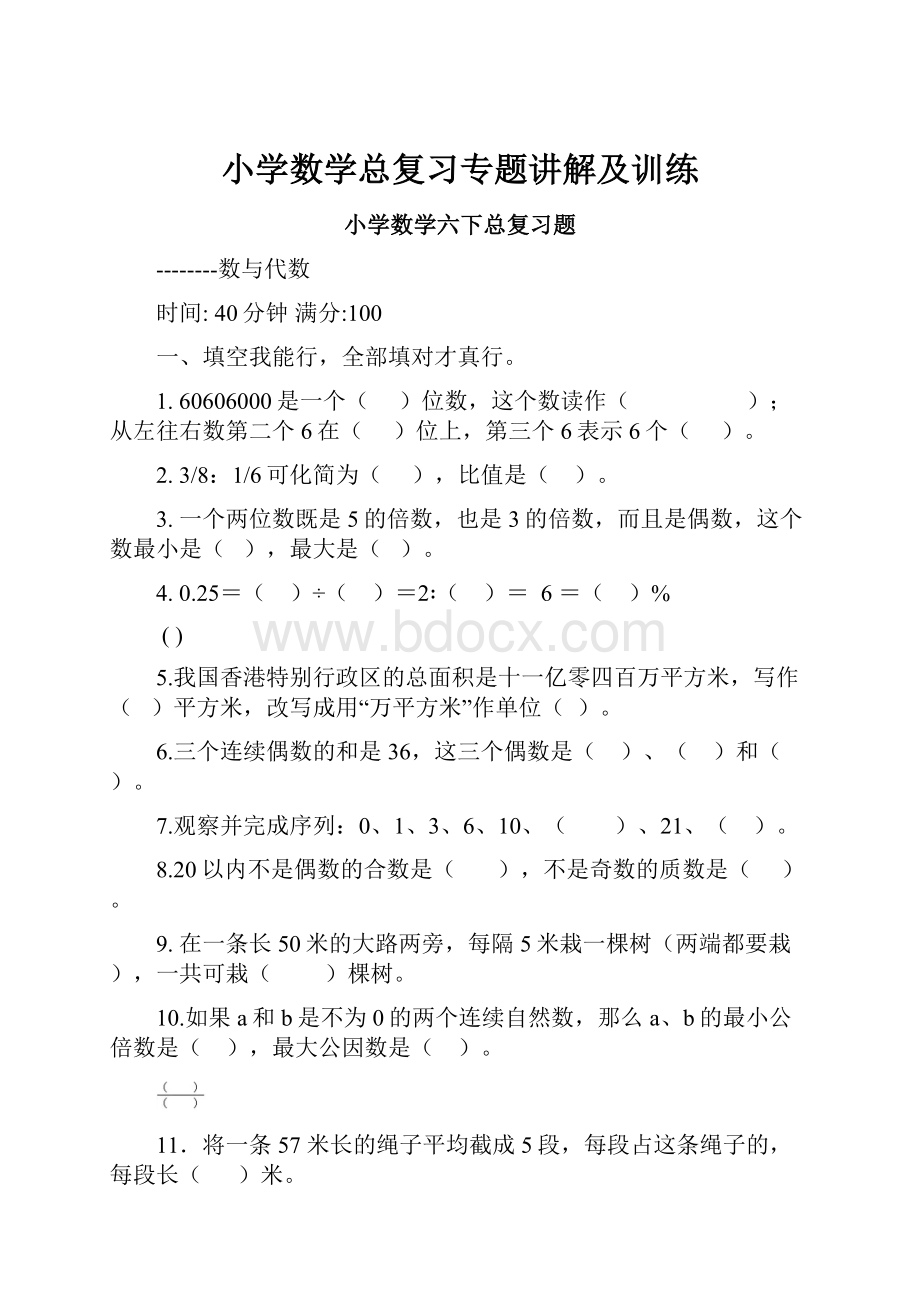 小学数学总复习专题讲解及训练.docx