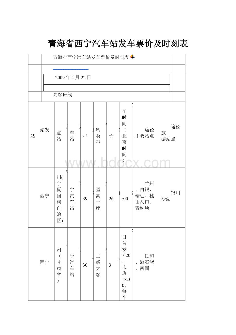 青海省西宁汽车站发车票价及时刻表.docx_第1页