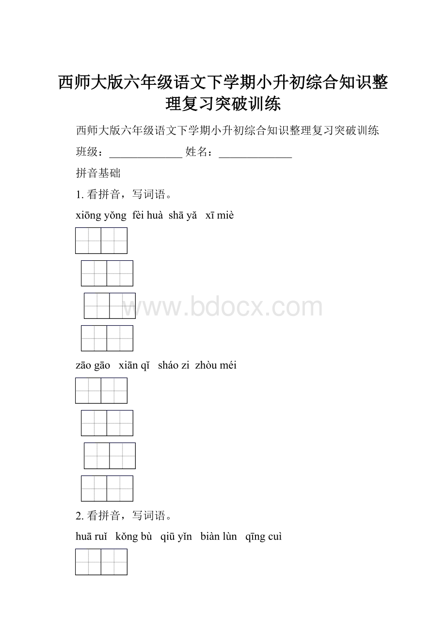 西师大版六年级语文下学期小升初综合知识整理复习突破训练.docx_第1页