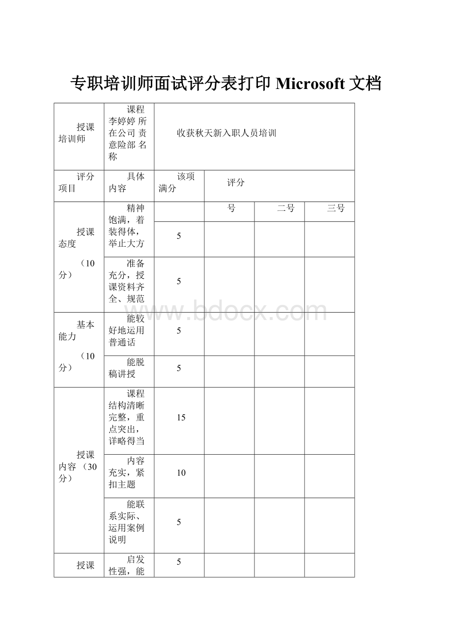 专职培训师面试评分表打印Microsoft文档.docx