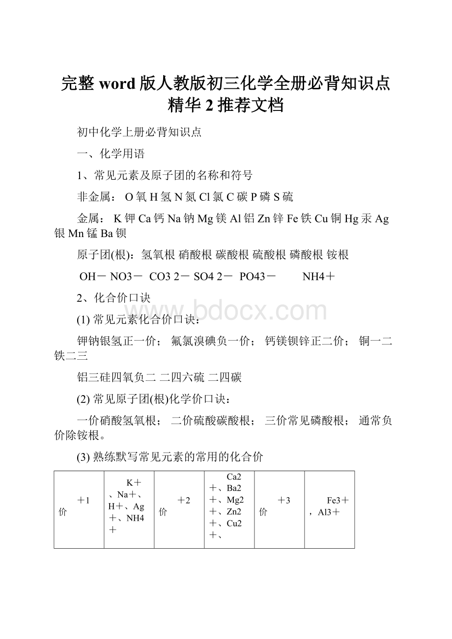 完整word版人教版初三化学全册必背知识点精华2推荐文档.docx_第1页