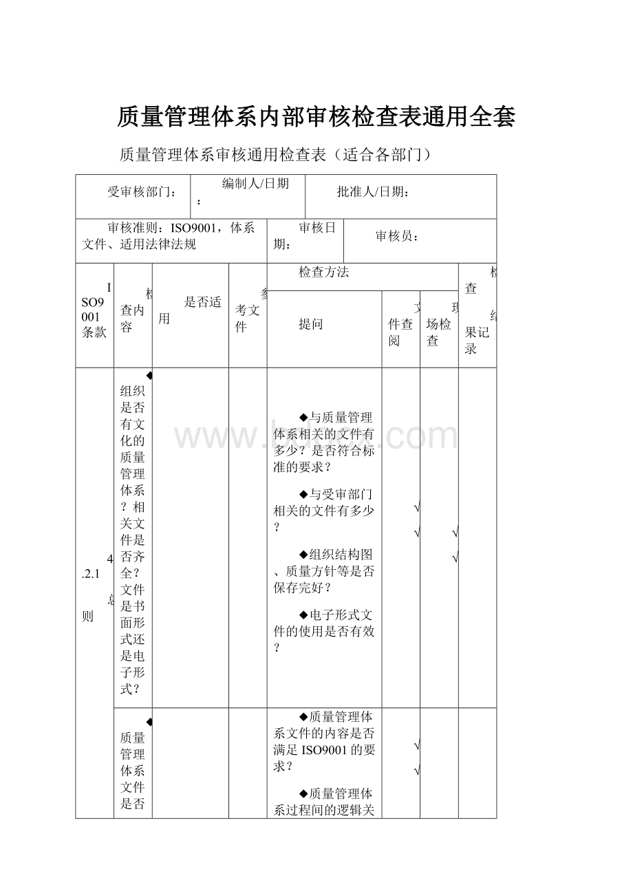 质量管理体系内部审核检查表通用全套.docx