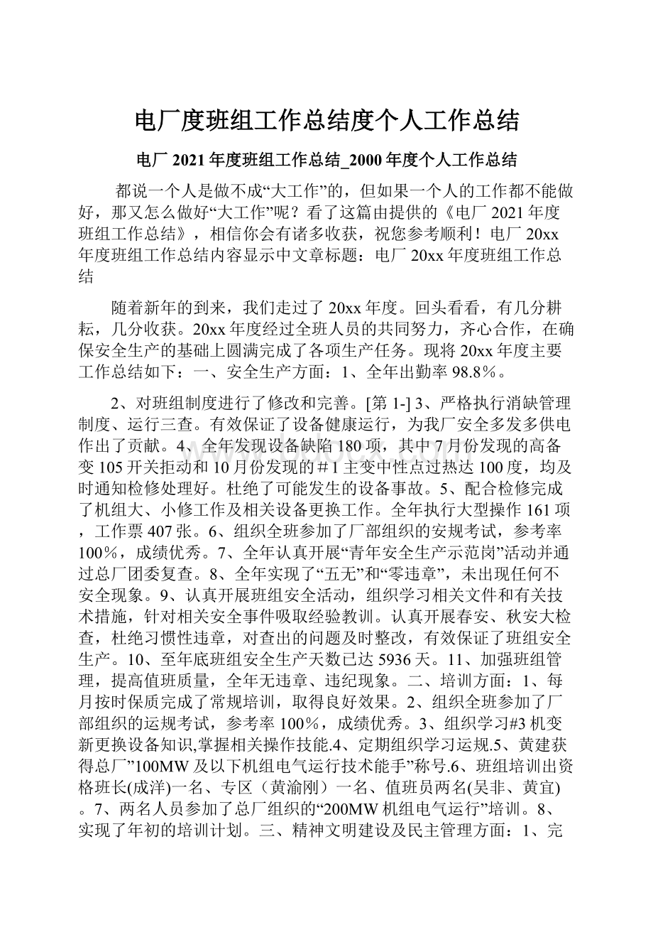 电厂度班组工作总结度个人工作总结.docx_第1页