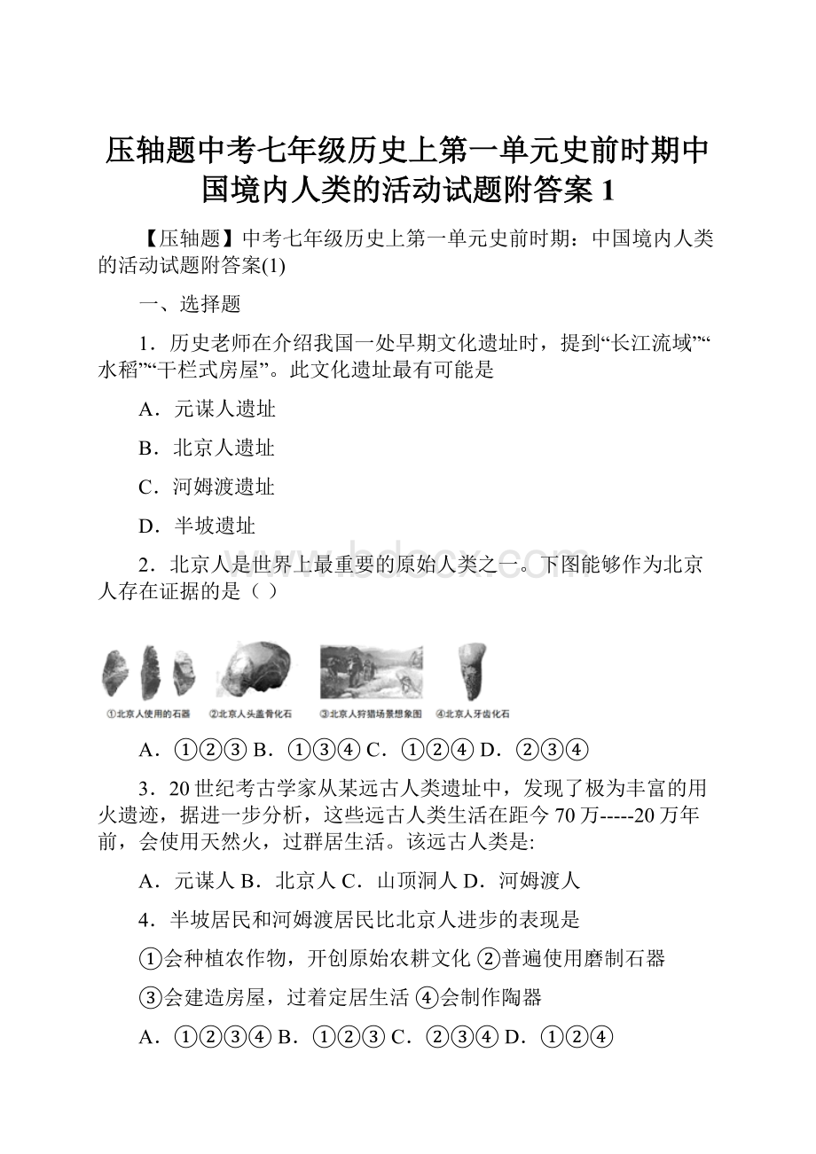 压轴题中考七年级历史上第一单元史前时期中国境内人类的活动试题附答案1.docx