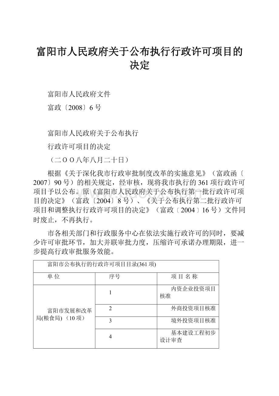 富阳市人民政府关于公布执行行政许可项目的决定.docx_第1页