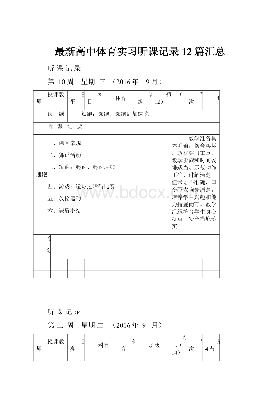 最新高中体育实习听课记录12篇汇总.docx