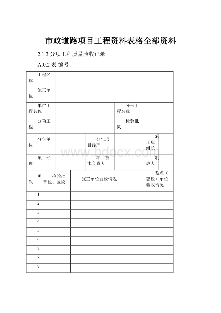 市政道路项目工程资料表格全部资料.docx