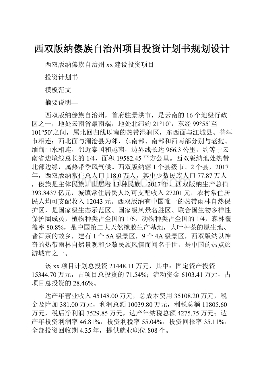 西双版纳傣族自治州项目投资计划书规划设计.docx_第1页