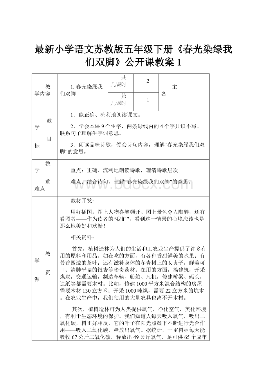 最新小学语文苏教版五年级下册《春光染绿我们双脚》公开课教案1.docx_第1页