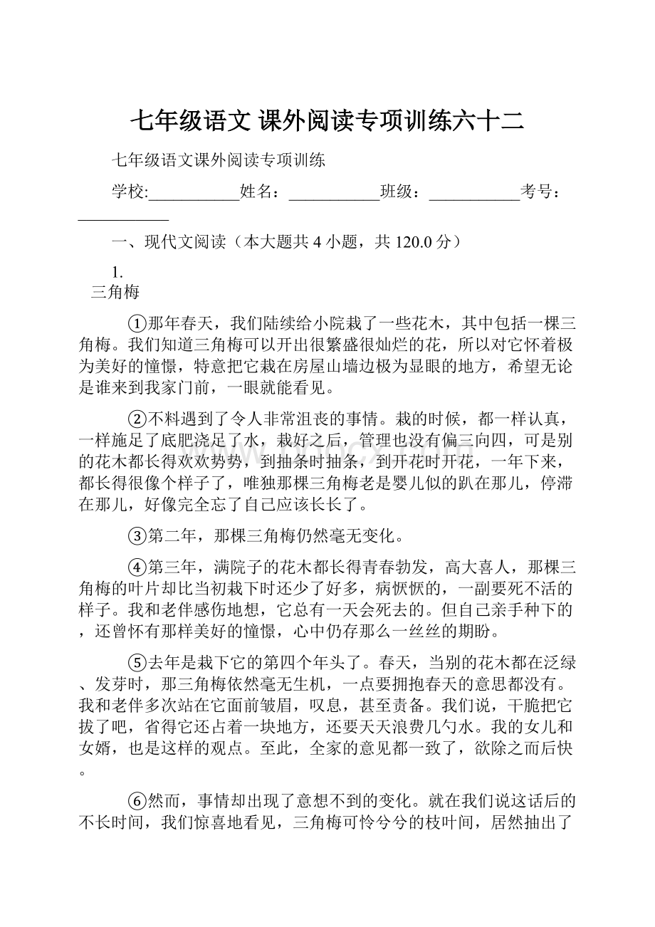 七年级语文 课外阅读专项训练六十二.docx_第1页