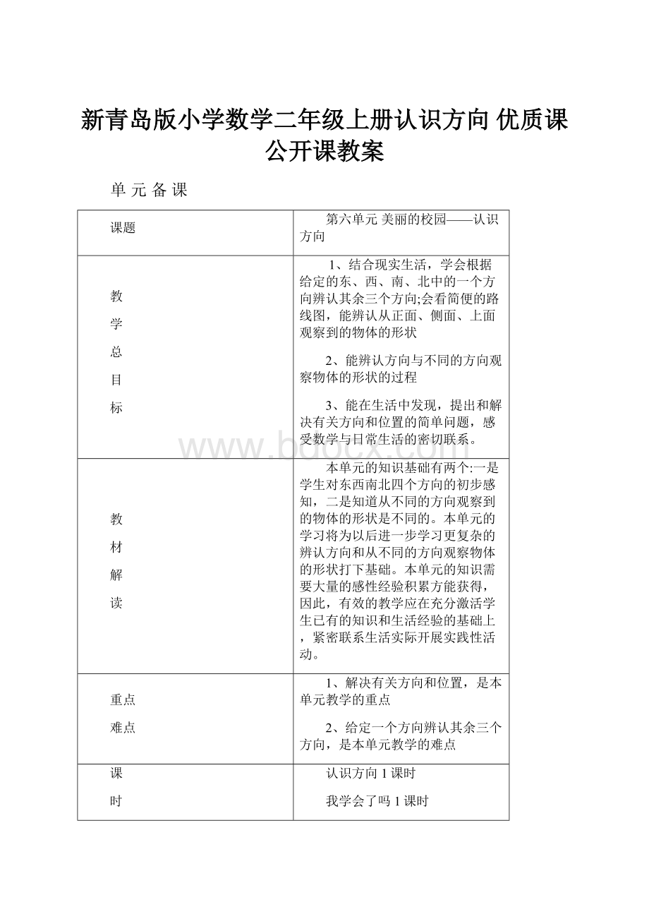 新青岛版小学数学二年级上册认识方向 优质课公开课教案.docx_第1页