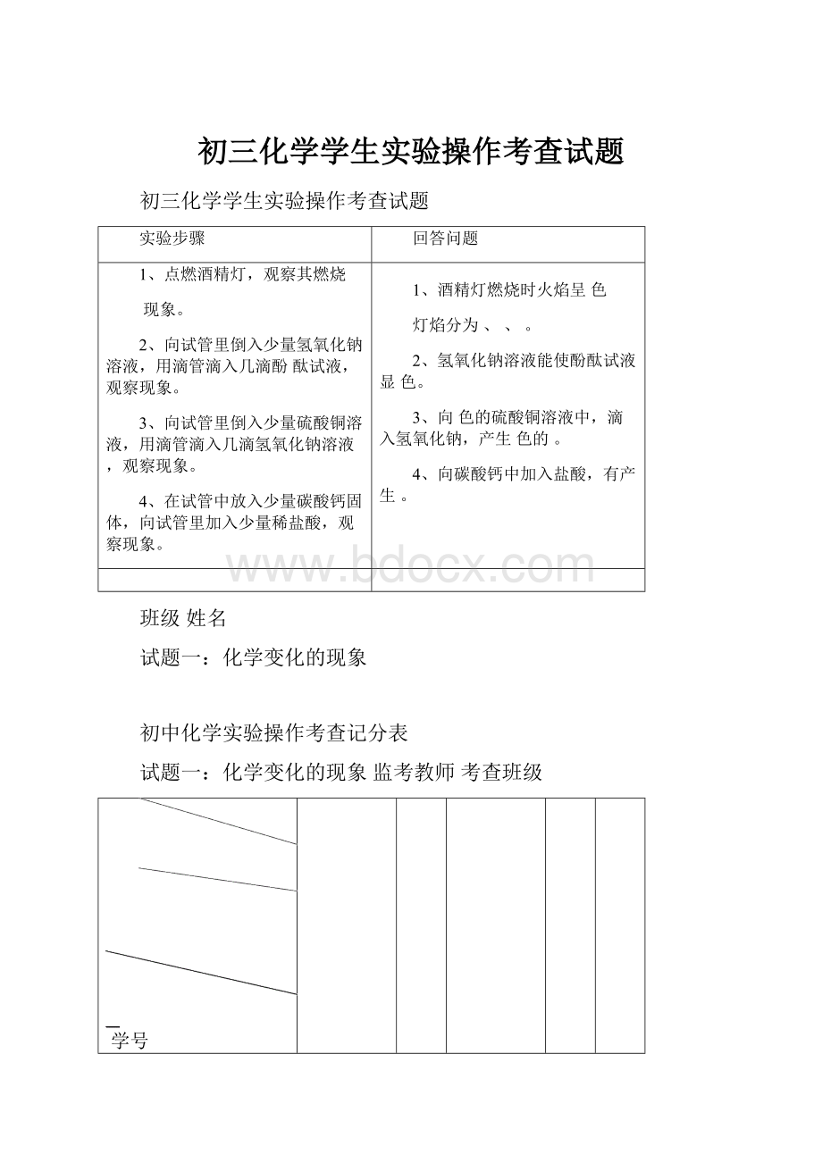 初三化学学生实验操作考查试题.docx