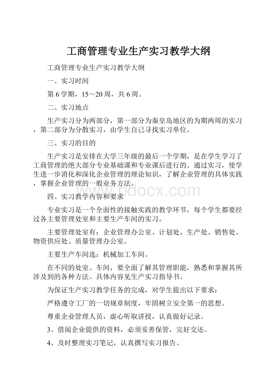 工商管理专业生产实习教学大纲.docx