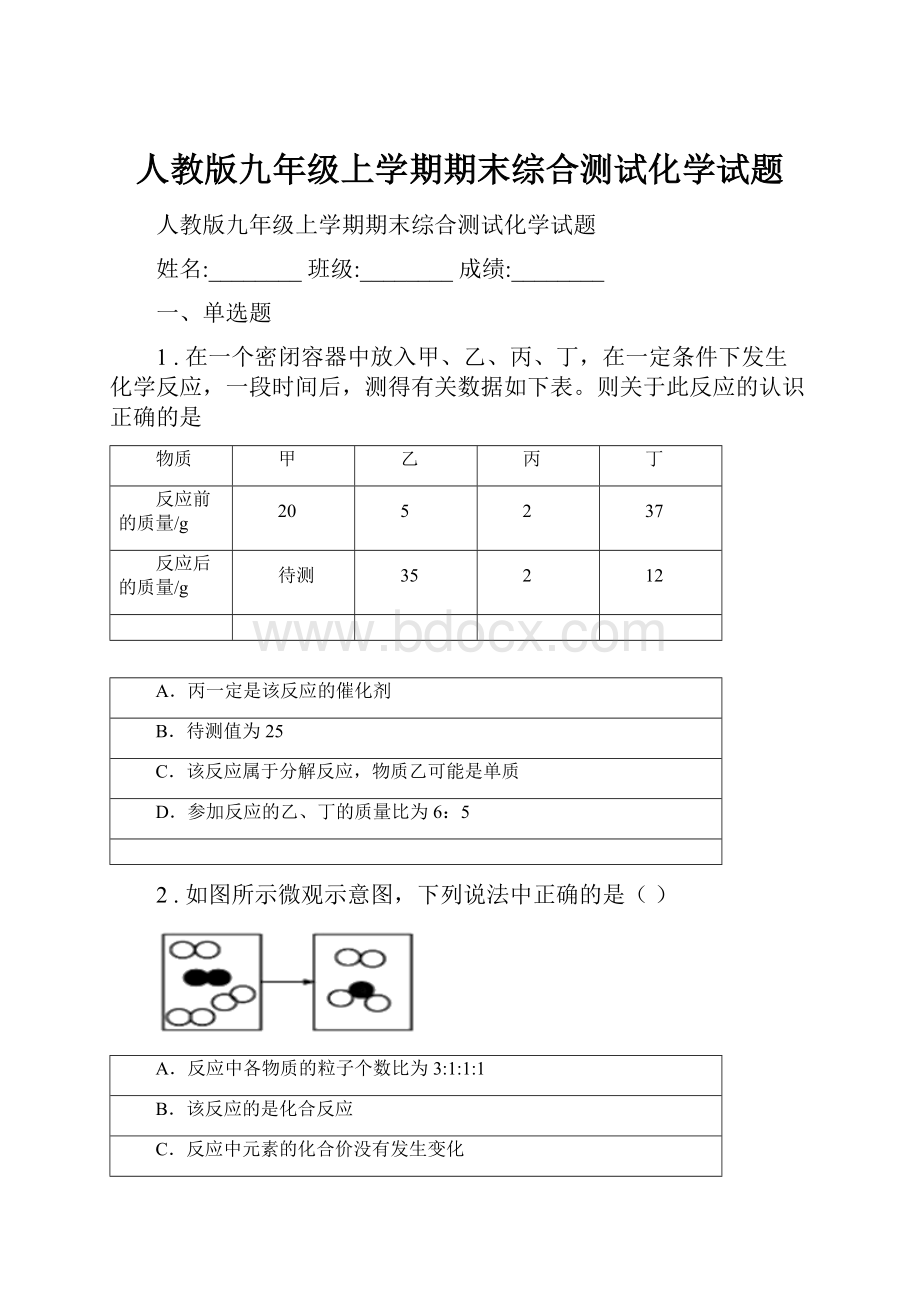 人教版九年级上学期期末综合测试化学试题.docx_第1页