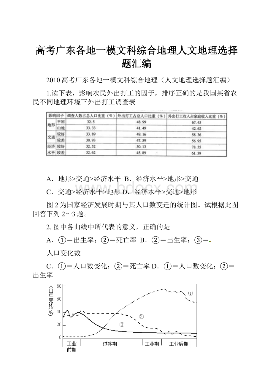 高考广东各地一模文科综合地理人文地理选择题汇编.docx_第1页