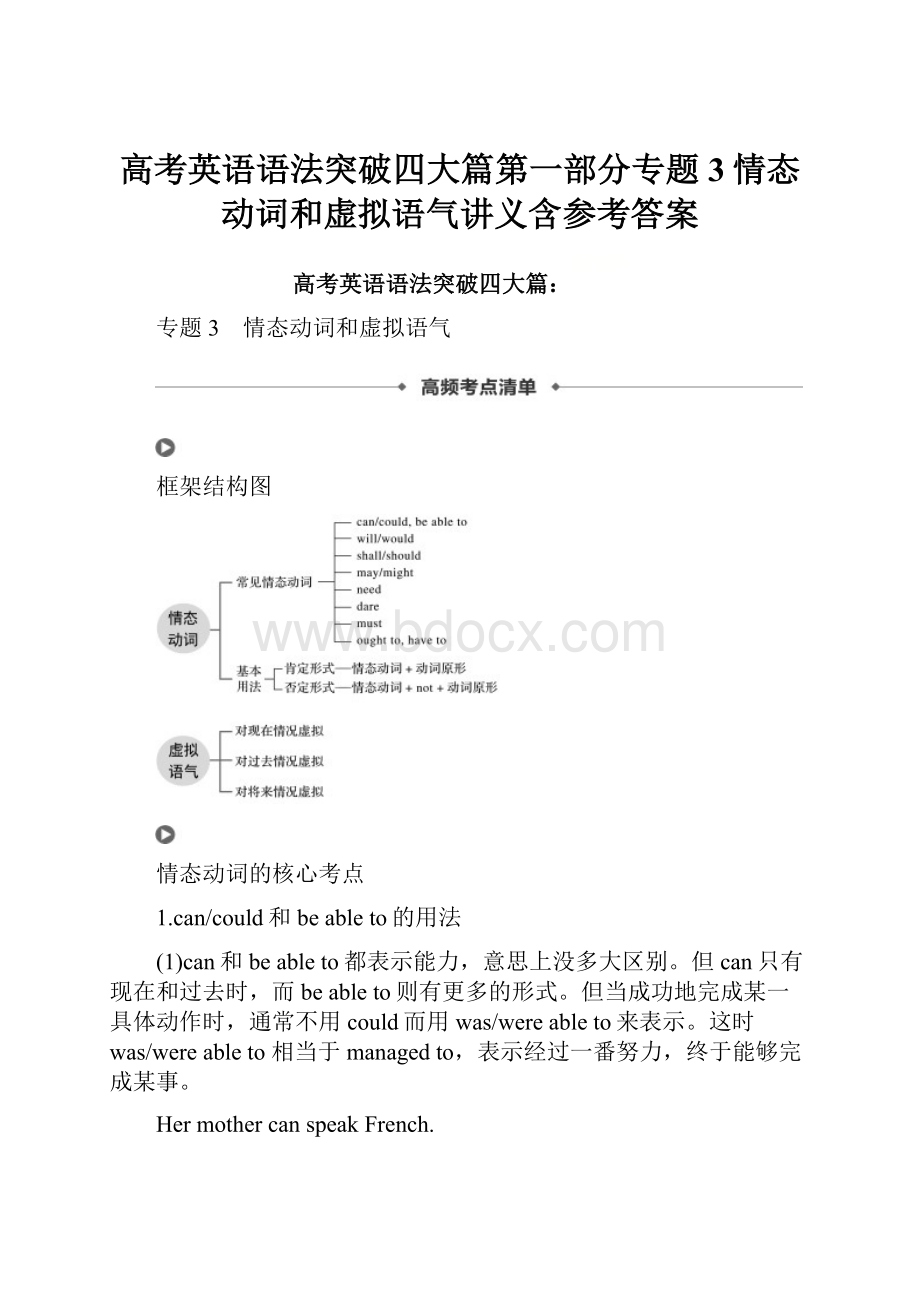 高考英语语法突破四大篇第一部分专题3情态动词和虚拟语气讲义含参考答案.docx