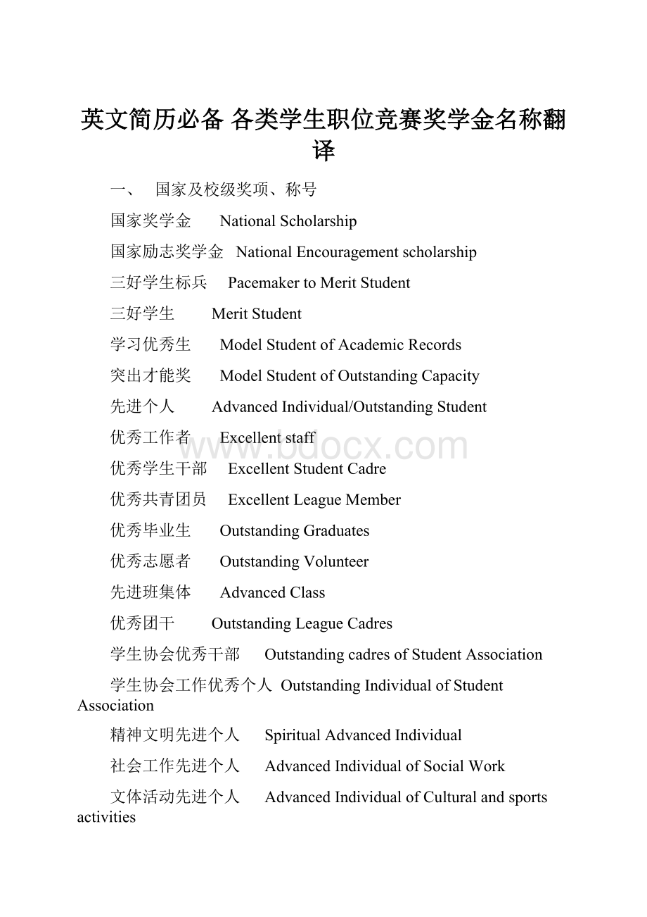 英文简历必备 各类学生职位竞赛奖学金名称翻译.docx_第1页