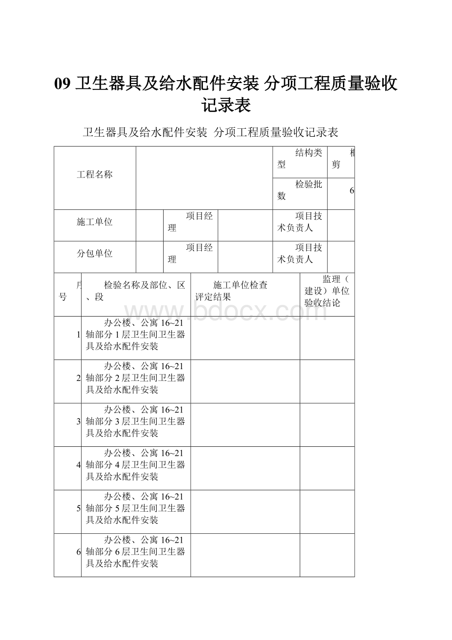 09 卫生器具及给水配件安装分项工程质量验收记录表.docx_第1页