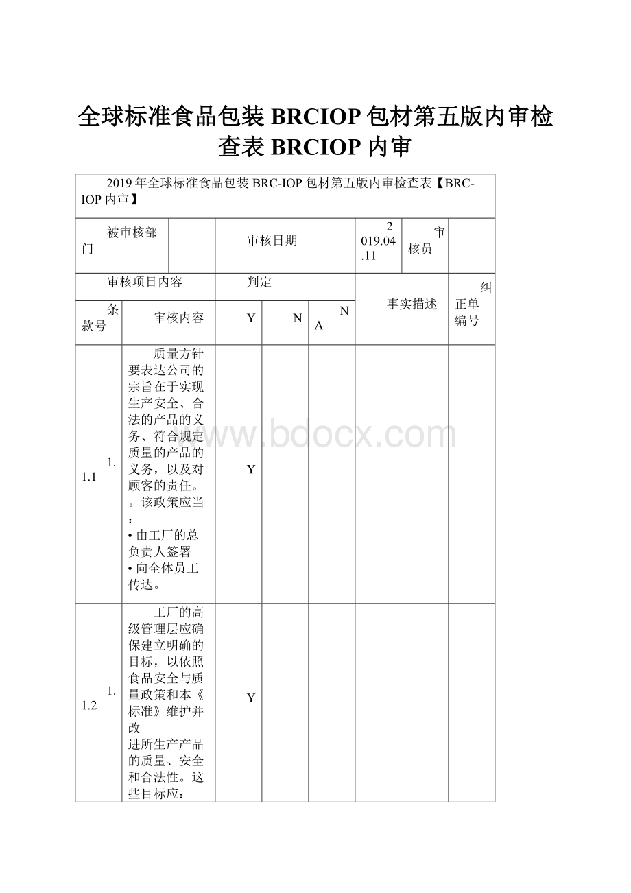 全球标准食品包装BRCIOP包材第五版内审检查表BRCIOP内审.docx_第1页