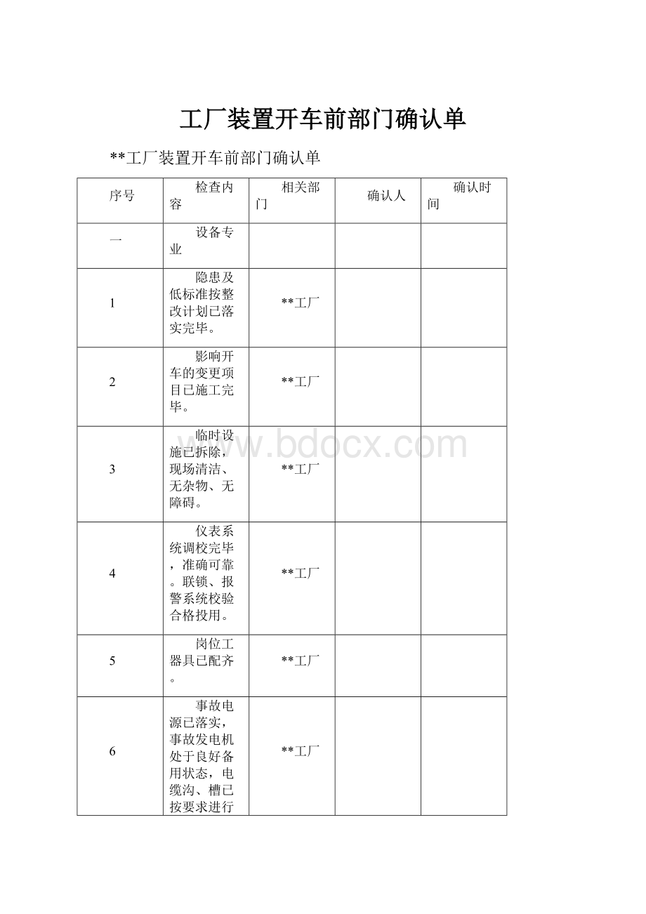 工厂装置开车前部门确认单.docx